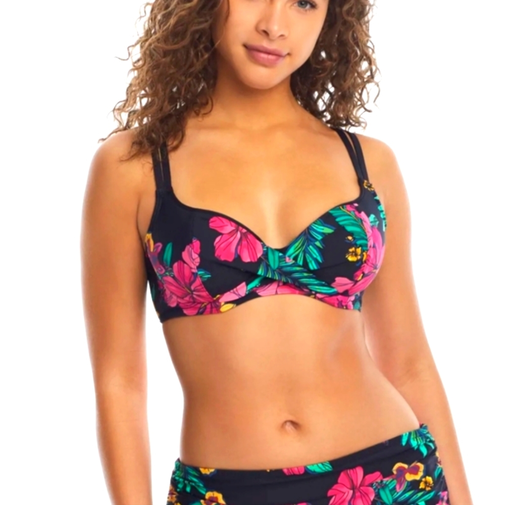 Birdsong Pushup bikini set, black and fuchsia tropical print